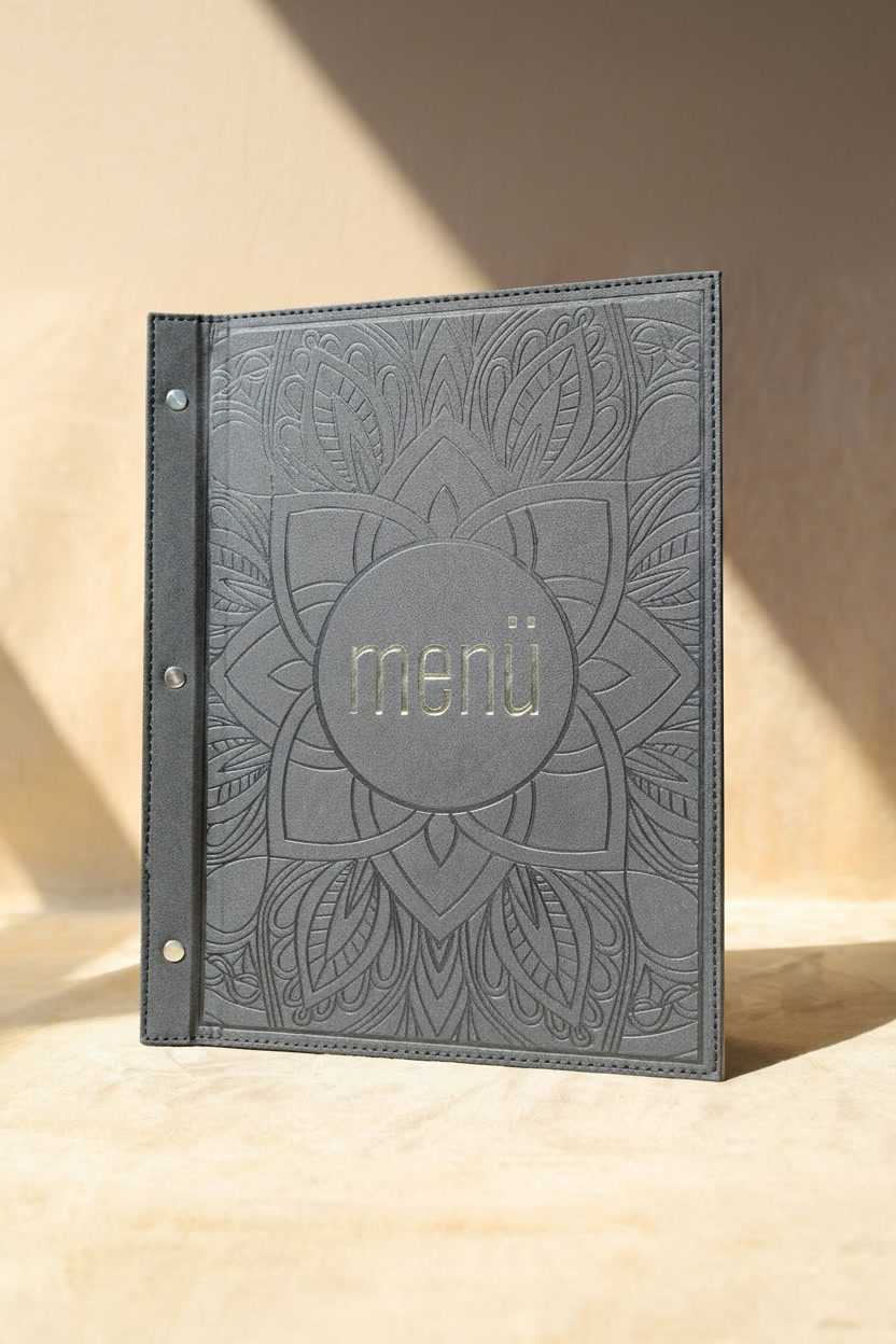 Siyah Kabartmalı Deri Menü Kabı - A4 - 5 Yapraklı